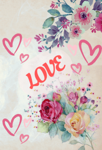 Floral textured background with hearts and the word "Love".