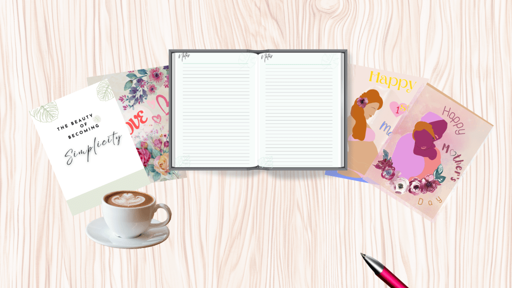 Notebooks with open notebook , a pen, and coffee cup 