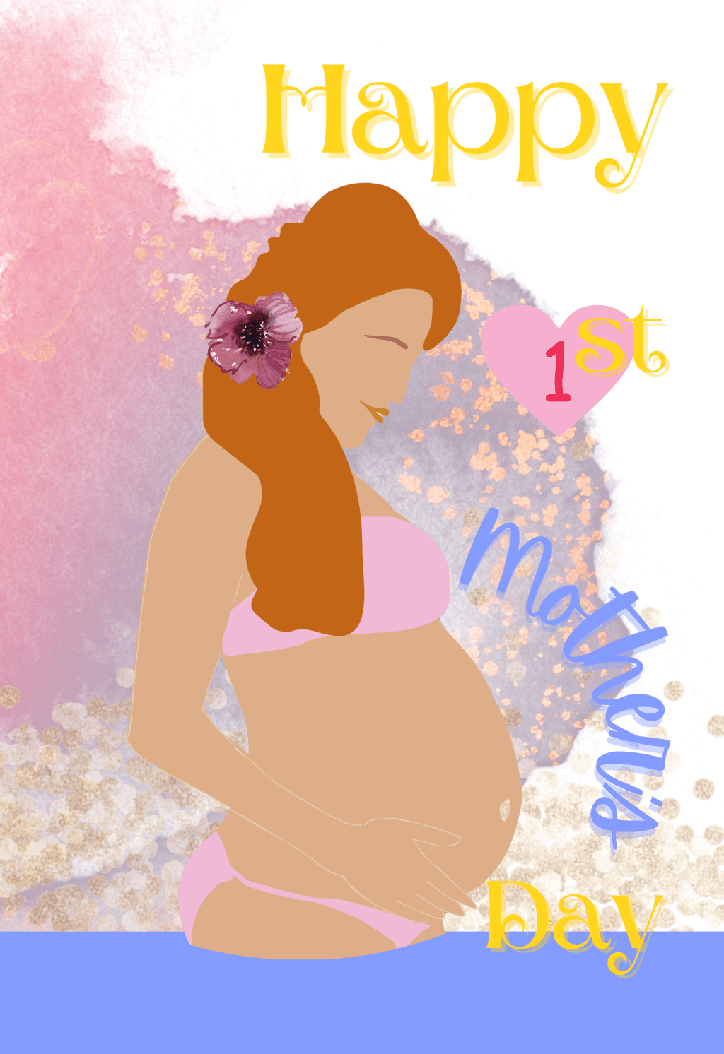 pregnancy woman in pink bikini in water; text "happy 1st mother's day"