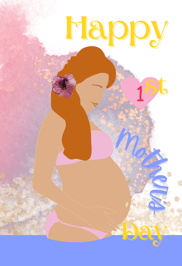 pregnancy woman in pink bikini in water; text "happy 1st mother's day"