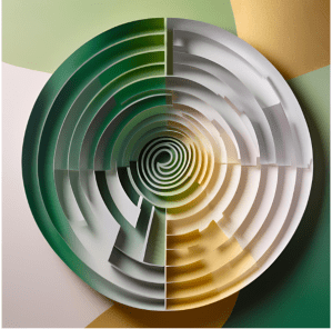 circle maze in white, green, and yellow with background of same colors