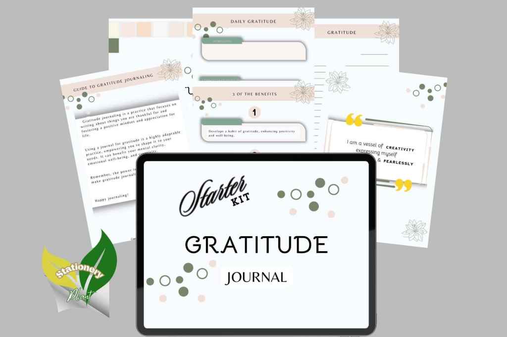 Screen with "starter kit: gratitude journal"; logo on left side; 6 pages fanned out behind screen with text; gray background